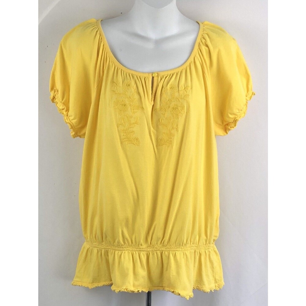 Lane Bryant Peasant Top 14/16 W Yellow Embroidered Keyhole Ruffle ShortSleeve